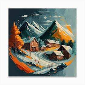 Abstract painting of a mountain village with snow falling 6 Canvas Print