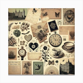 Retro Clock, Old Book, Butterfly, And Key On Wooden Surface Canvas Print