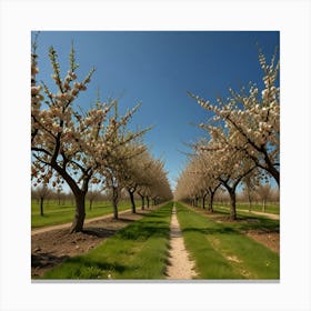 A Peaceful Orchard With Fruit Trees In Full Bloom And A Clear Blue Sky Canvas Print