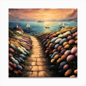 Path To The Sea- Landscape of Capo Coda Cavallo seen from San Teodoro in the Mediterranean sea in Olbia-Tempio province, Sardinia island, Italy in summer. Scenery at Tavolara Island Road flowers Canvas Print