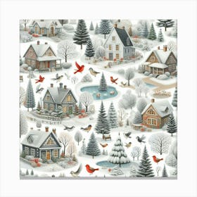 Winter Village And Red Birds Canvas Print