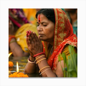 Indian Women Praying In The Water 1 Canvas Print