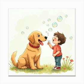 Happy Golden Retriever Puppy And Child Playing With Bubbles, Watercolor 1 Canvas Print