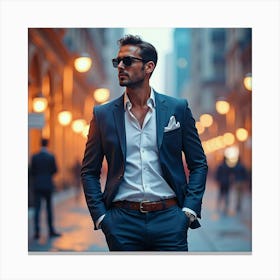 Sophisticated Man In Watercolor Attire, Glamorous City Lights 1 Canvas Print