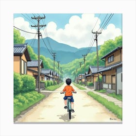 Japanese Boy Riding A Bicycle Through A Quiet Village, With Mountains In The Background, Watercolor Canvas Print