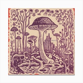 Mushroom Woodcut Purple 6 Canvas Print