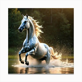 White Horse Running In Water Canvas Print