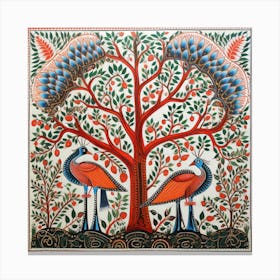 Peacocks On A Tree Madhubani Painting Indian Traditional Style Canvas Print