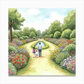 Watercolor Illustration Of An English Botanical Park With Families And Flower Displays 1 Canvas Print