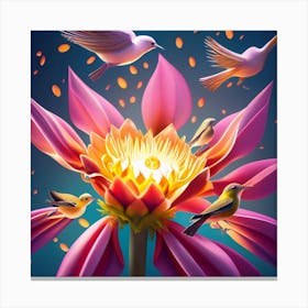 Lotus Flower With Birds Canvas Print