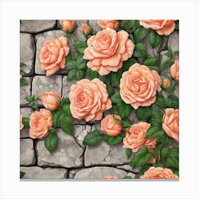 Peach-Colored Climbing Roses On Stone Wall Canvas Print