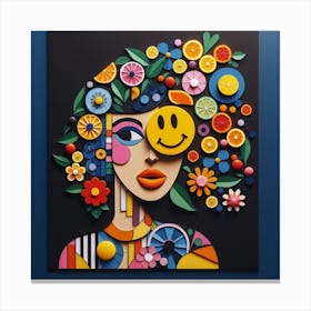 Fruit Salad: A Bright and Fun Collage of a Woman’s Face with a Smiley Emoji Eye Canvas Print