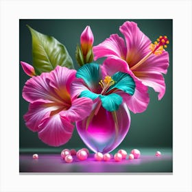 Pink Flowers In A Vase - Gisselypearls and hibiscus, 3d render . Canvas Print