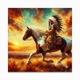 Oil Texture Native American Indian Riding On Prarie Canvas Print