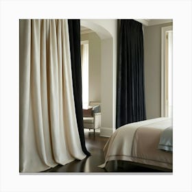 A Serene Main Bedroom Suite With Floor To Ceiling, Rich Black Curtains Adorned With Subtle, Intricate Patterning, Beautifully Draped In A Flowing, Smooth Fold, Blending Seamlessly 2 Canvas Print