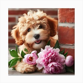 Puppy With Flowers Canvas Print