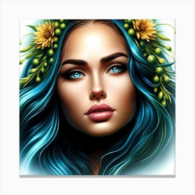 Blue Haired Girl With Flowers Canvas Print