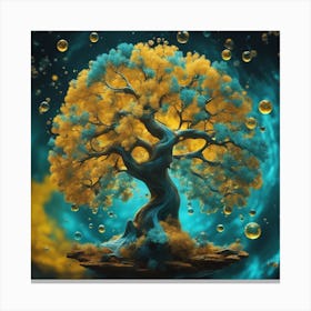 A Colorful Painting With A Blue Oak, In The Style Of Luminous Spheres, Dark Yellow And Turquoise, Wa Canvas Print