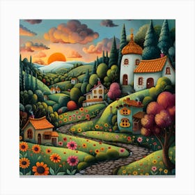 Sunset In The Village, Naive, Whimsical, Folk 1 Canvas Print