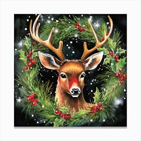 Deer In Holly Wreath Canvas Print