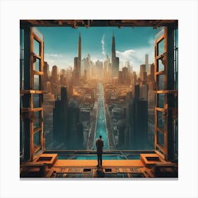 A Man S Head Shows Through The Window Of A City, In The Style Of Multi Layered Geometry, Egyptian Ar (4) Canvas Print