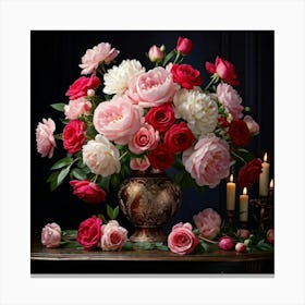 Digital Art Of A Large Vase Cradling An Elegant Arrangement Of Roses And Peonies Bathed In Soft Lig Canvas Print