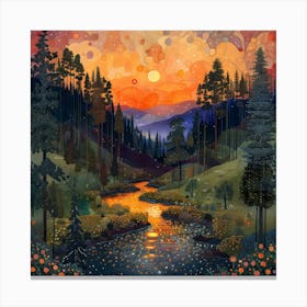 Sunset In The Mountains, Tiny Dots, Pointillism Canvas Print