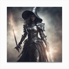 Witch Standing In Dynamic Pose Wearing Armor Holding Sword And Magic, Futuristic Medieval, Epic Comp Canvas Print