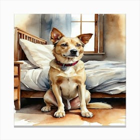 Dog Sitting On Bed Canvas Print