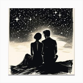 Love At First Sight, A Single Elegant Line Drawing Of A Men And Woman Art Of Sitting To Gather Alone Back Side Pose , Starry Night Canvas Print