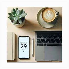 Desk With Laptop And Phone Canvas Print