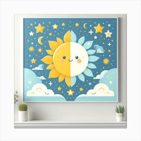 Sun and Moon - Graphic Wall Art of a Yellow Sun and a Blue Moon with Cute Expressions Canvas Print