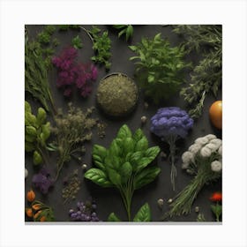 Various Herbs On A Dark Background Canvas Print