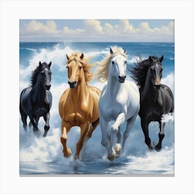 4 Horses Running In The Ocean Canvas Print