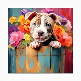 Puppy In A Basket Of Flowers Canvas Print