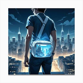 Man With Backpack With Futuristic Cityscape Display Standing On Rooftop Overlooking City Canvas Print