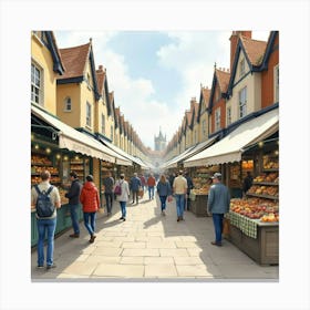 A Bustling English City Market With A Variety Of Stalls And Shoppers, Watercolor 1 Canvas Print