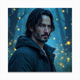 Keanu Reeves In A Mystical Watercolor Night Scene With Glowing Fireflies 1 Canvas Print