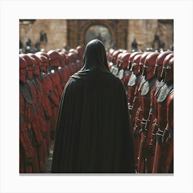 A Man Wearing A Black Cape And A Black Hood, Seen From The Back, Walking Through An Army Of Hundreads Of Mystical Guard, In Full Red Metal, Helmet Covering All Their Face, Full Body, Aligned, Seen From The Side, Welcoming Thei 1 Stampe su tela