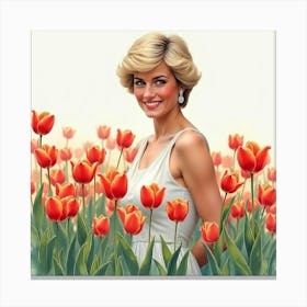 Beautiful Watercolor Rendering Of Princess Diana In A Garden Of Tulips 1 Canvas Print