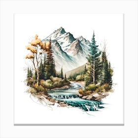 Watercolor Of A Mountain Stream Canvas Print