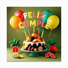 Feliz cumple and Feliz cumpleaños sign means Happy Birthday in Spanish language, Birthday party celebration gift with birthday cake candle colorful balloons best congratulation over light background wall artFeliz Cumple 44 Canvas Print