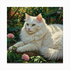 White Cat In The Garden Canvas Print