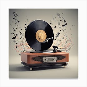 A Vintage Style Record Player With Vinyl Records Spinning And Musical Notes Floating In The Air Canvas Print