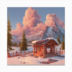 Mountain village snow wooden huts 11 Canvas Print