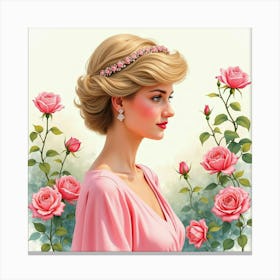 Watercolor Princess Diana In A Serene Scene Of Blooming Roses 1 Canvas Print