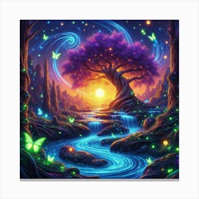 Stream With Bioluminescent Fish Butterflies Sun Spinning Wind Tree 2 Canvas Print