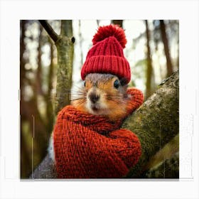 Firefly Squirrel, Closeup, Cute, Knitted, Hat, Scarf, Branch, Tree, Autumn, Cozy, Woodland, Nature, (9) Canvas Print