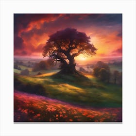 Old Oak Tree lit by Springtime Sunset Canvas Print