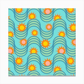 RISE AND SHINE Rising Sun Wavy Retro Mid-Century Modern Geometric Stripes in Blue Green Pink Orange Yellow on Turquoise Canvas Print